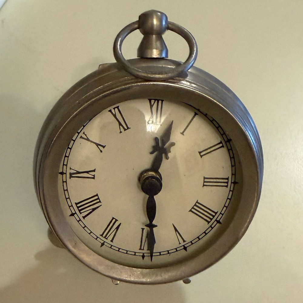 Vintage Brushed Steel Silver Toned Classic Pocket Watch Looking Table Clock